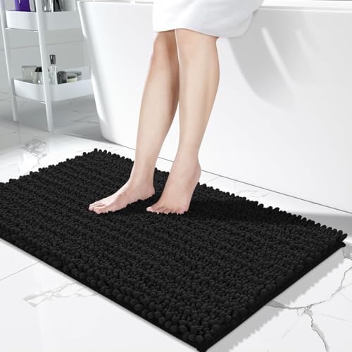 Yimobra Long Bathroom Rugs Non Slip Washable 44x24 Inch - Ultra Soft Absorbent Chenille Bath Mat, Quick Dry Shaggy Floor Carpet for Tub Shower, Black Home Decor Accessories by Yimobra