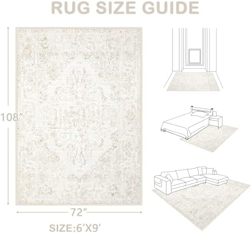 6x9 Area Rugs for Living Room: Washable Rug Vintage Large Rugs Soft Non Slip Low Pile Rug Floral Distressed Floor Carpet for Bedroom Kitchen Nursery Dining Room Home Office (Beige, 6'x9') - Image 2