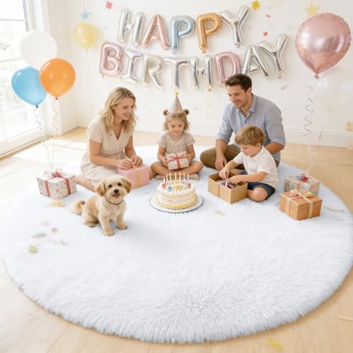 OLANLY White Round Rugs for Bedroom - Machine Washable, 7 ft Circle Area Rugs for Living Room, Soft and Fluffy Shaggy Carpet for Teen Girls and Boys, Nursery Rooms, Dorms, Home Decor Aesthetic - Image 5