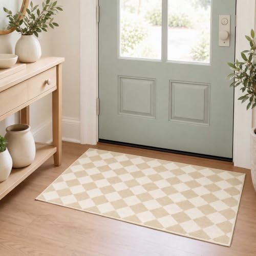 2x3 Checkered Area Rug for Living Room, Soft Low Pile Oat Rugs by Unknown