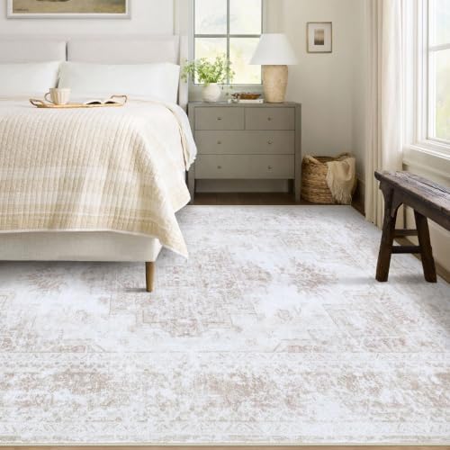 XLUEZ Area Rug 6x9 Living Room Rug, Machine Washable Vintage Distressed Medallion Rug Non-Slip Soft Low Pile Large Indoor Rugs for Bedroom Kitchen Dining Room Office(Beige,6'x9') - Image 2