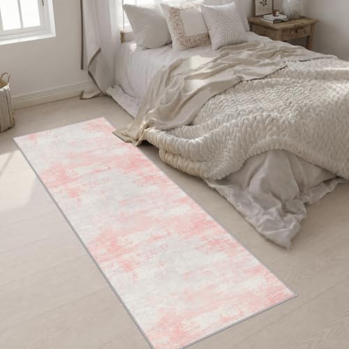 2.6x8 Washable Runner Rug：Modern Abstract Soft Carpet Pink White - Image 5