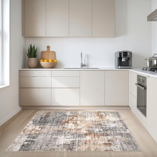 DMOYEST Area Rug Living Room Rugs - 4x6 Abstract Small Soft Indoor Washable Rug Neutral Modern Low Pile Carpet for Bedroom Dining Room Farmhouse Home Office - Grey Brown - Image 4