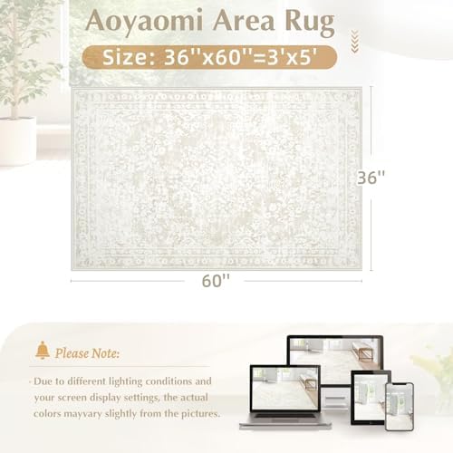 Area Rug 3x5 Entryway Rugs - Machine Washable Vintage Boho Area Rug Non-Slip Kitchen Rugs Soft Stain Resistant Indoor Door Mat, Small Floral Throw Rug for Entrance Hallway Bedroom(Cream Beige, 3'x5') - Image 2