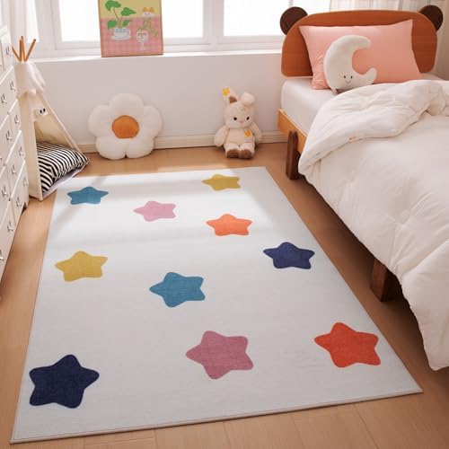 Amazon Basics Kids Printed Area Rug, Soft, Non-Slip, Machine Washable, 4' W × 6' L, Colorful Stars by AmazonBasics
