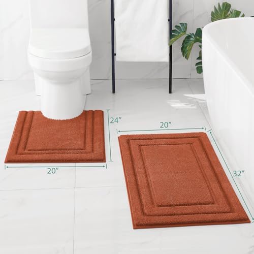 HOMEIDEAS Bathroom Rugs Sets 2 Piece, Super Soft and Absorbent Non Slip Microfiber U-Shaped Toilet Bath Mat Set (20"x32"+U20 x24, Burnt Orange) - Image 2