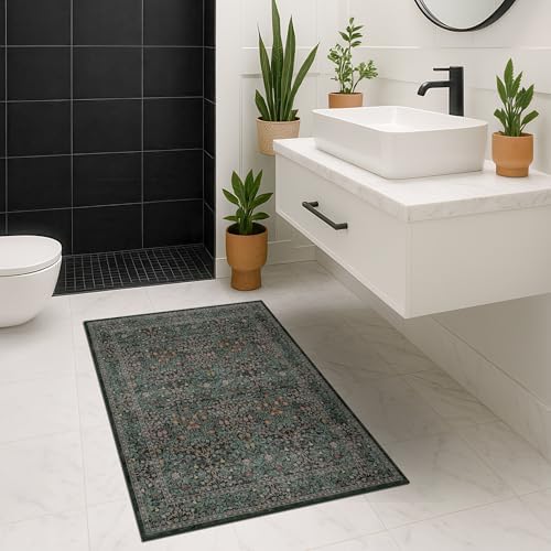 Dark Green Washable Entry Rug, 3x4 Rugs for Entryway Kitchen Bathroom Door Mat Indoor Entrance, Non Slip Rubber Backing, Stain & Fade Resistant, Vintage Floral Design - Image 5