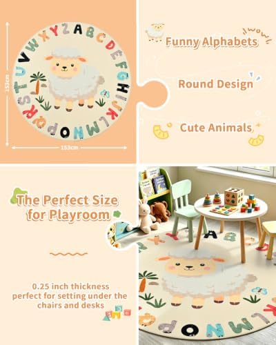 TWINNIS Kids Animal Print Round Rug for Playroom, Alphabet Washable Area Rugs for Boy Girl Baby Toddler Children, 5x5 Cute ABC Mat Play Carpet Nursery Bedroom Decor, Sheep - Image 4