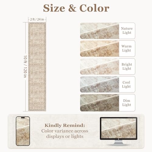 Beige 2x10 Rug Runners for Hallways Non Slip, Long Kitchen Runner Rugs Non Skid Washable, Vintage Farmhouse Neutral Low Pile Thine Carpet Runners for Entryway Corridor Mudroom Foyer - Image 2