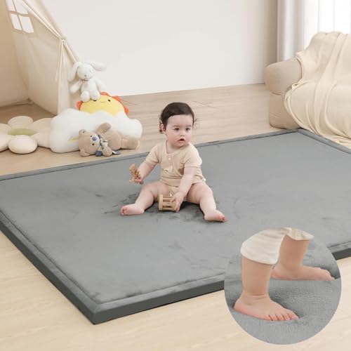 Huloo Sleep Ultra Soft Baby Play Mat for Floor, 1.3" Thick Elasti-Foam 65x50 Play Mat for Playpen,Water-Repellent Coral Velvet for Tummy Time, Non-Slip Backing,Safe for Toddlers & Infants（Dark Grey） by HulooSleep