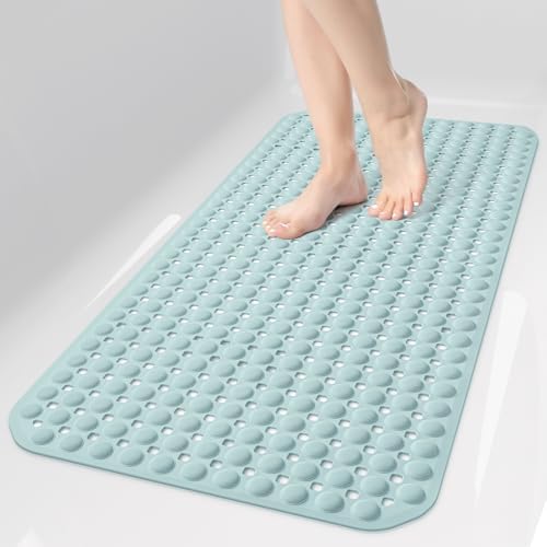 OTHWAY Bath Tub Shower Mat Non Slip, Bathtub Floor Liner Mats for Inside Shower Bathroom, Suction Cups and Drain Holes for Feet Scrubbing, Machine Washable, Soft on Feet, 35x16 Inch, Light Blue by OTHWAY