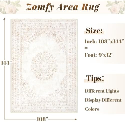 Area Rug 9x12 Vintage Rug: Large Washable Indoor Medallion Rugs Low Pile Distressed Floor Carpet Retro Accent Rug for Living Room Bedroom Kitchen Dining Table Home Office(Distressed Beige, 9'x12') - Image 2