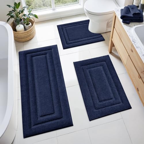 HOMEIDEAS Navy Blue Bathroom Rugs Set of 3, Non Slip Bath Runners by HOMEIDEAS