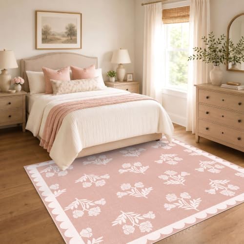 Pink Square Rugs 5ft - Soft Washable Boho Floral Girls Bedroom Rug - Image 4