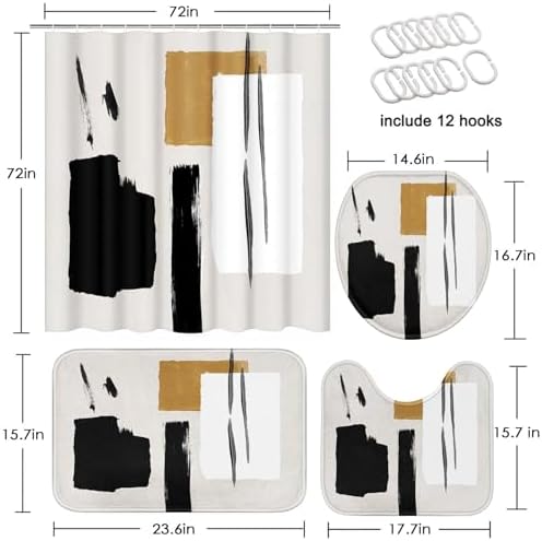 Bathroom Sets with Shower Curtain and Rugs, Boho Set of 4 Geometric - Image 2