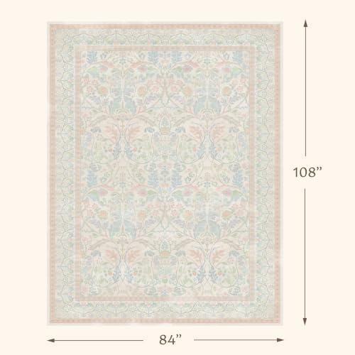 Pink and Blue 7x9 Washable Area Rug, Soft Low Pile Girls Nursery Rug, Non Slip Pastel Floral Carpet for Playroom Bedroom Living Room, Vintage Oushak Stain Resistant Home Décor - Image 2