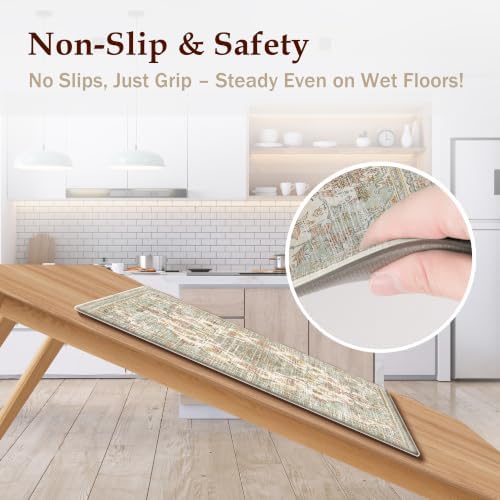 Boho Kitchen Mats for Floor 2PC Anti Fatigue Kitchen Rugs, Green Beige - Image 4