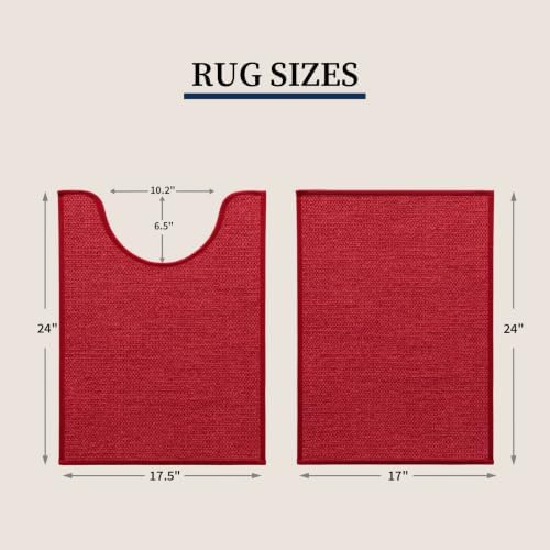 YIHOUSE Red Bathroom Rugs Sets 2 Piece, Quick Dry Thin Bath Mat with Toilet Rug, Non Slip Absorbent Machine Washable, Bath Rugs for Tub Sink Home Decor (17"x24" + 17.5"x24" U-Shaped) - Image 2