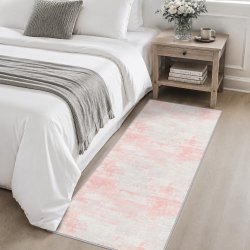 2x5 Washable Runner Rug：Modern Abstract Soft Carpet Pink White - Image 4