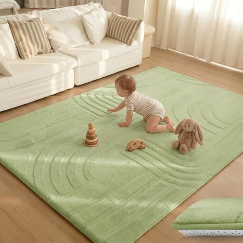 1.3" Thick Fluffy Baby Play Mat for Floor,Elasti Foam Padded Area Rug for Living Room Bedroom,Ultra Soft 3D Carved Kids Rug,Non-Slip Nursery Crawling Mat for Toddlers,4’x6’ Playroom Carpet(Sage Green) by HulooSleep
