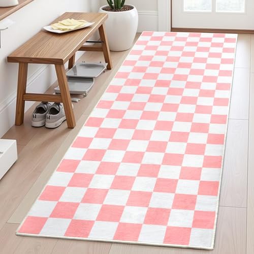 Terrug Pink and White Checkered Area Rug for Kitchen, 2x6 Runner Rugs - Image 4
