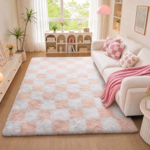 KICMOR Large 6x9 Rugs for Living Room, Soft Fluffy Light Pink and White Checkered Shag Area Rugs Big Fuzzy Shaggy Bedroom Carpet, Cute Plush Rug for Teen Toddler Kids Girls Room Nursery Home Decor by KICMOR