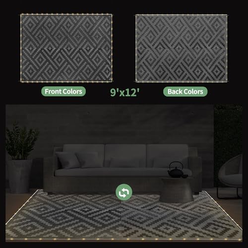 GENIMO Outdoor Rug, Waterproof Plastic Rugs for Patio, 9'x12' LED Dark Grey - Image 6