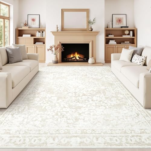 Vintage Living Room Area Rug - 8x10 Large Machine Washable Boho Area Rug Distressed Floral Rugs for Bedroom, Soft Non-Slip Indoor Floor Accent Rugs for Office Dining Room (Cream Beige, 8'x10') - Image 3