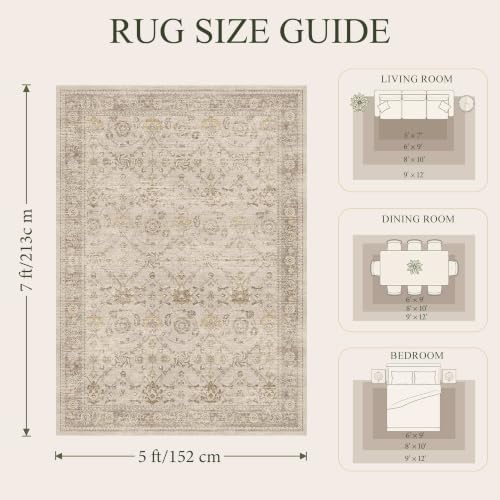 5x7 Washable Boho Area Rug, Non-Slip Beige Bedroom Nursery Carpet - Image 2