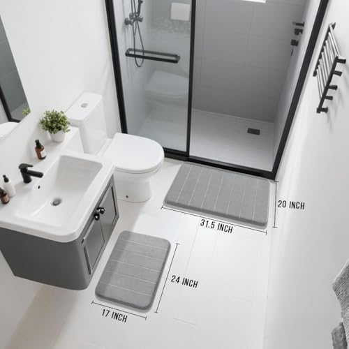 Yimobra Memory Foam Bathroom Rugs Sets 2 Piece - Super Soft Absorbent Quick Dry Bath Mat Set, Machine Washable Non Slip Floor Carpet for Tub Shower & Single Sink (17x24 & 31.5x20 Inch, Gray) - Image 2