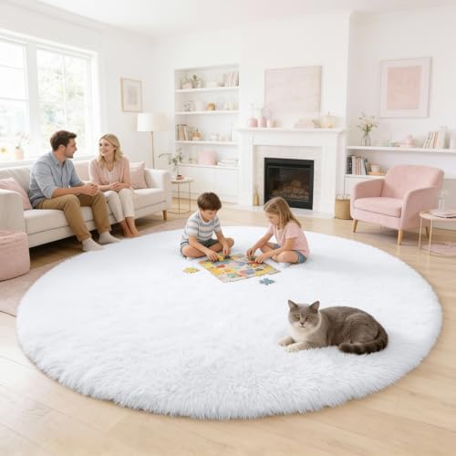 OLANLY White Round Rugs for Bedroom - Machine Washable, 7 ft Circle Area Rugs for Living Room, Soft and Fluffy Shaggy Carpet for Teen Girls and Boys, Nursery Rooms, Dorms, Home Decor Aesthetic - Image 6