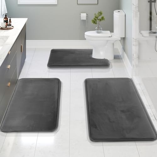 Clara Clark 3 Piece Bathroom Rugs Bath Mat Set, Velvet Memory Foam Bath Mats for Bathroom - Non-Slip, PVC Backing Bath Rugs, Washable - Dries Quickly, Grey by ClaraClark