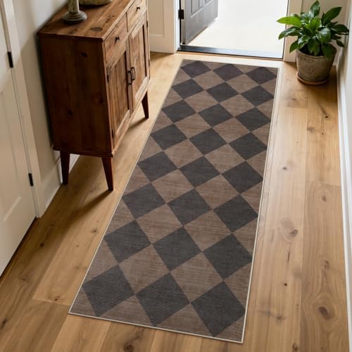 Beeiva Checkered Print Hallway Runner Rug 2x6, Moroccan Kitchen Runner Rugs Non Skid Washable 6ft Ultra Thin Stain Resistant Entryway Decor, Diamond Gingham Alfombra for Bathroom Laundry (Brown/Black) - Image 6