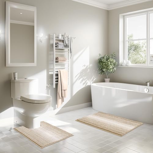 BSICPRO Bathroom Rugs Sets 2 Piece, 32"x20" + U-Shaped 24"x20", Beige - Image 2