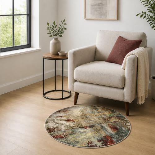 Lahome Modern Abstract Round Rug - 3Ft Small Red Washable Kitchen Round Area Rug Bedroom Circle Mat, Soft Low Pile Non Slip Indoor Throw Carpet for Cabinet Bathroom Living Room Office - Image 3