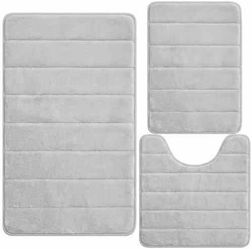 Bathroom Rugs Set 3 Piece, Memory Foam Bath Rugs, Non Slip Washable Bathroom Rug Set, Extra Soft Absorbent Bath Mats with U-Shaped Toilet Rug, Gray by AINAHYVA