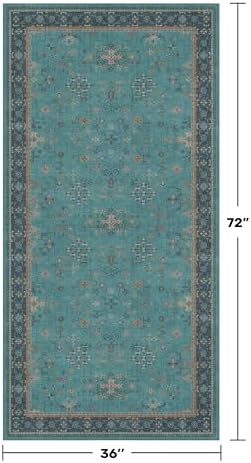 Hazo Haus Teal 3x6 Wide Non Slip Kitchen Rug - Washable Front Door Runner Indoor Entrance, Vintage Floral Pattern Indoor Decor, Non Slip Soft Low Pile Fade Resistant - Image 2