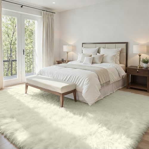 5x8 Fluffy Shag Area Rugs for Living Room Bedroom: Soft Carpet Cream White - Image 2