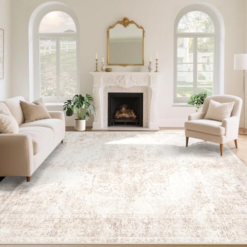 Vintage Living Room Area Rug - 8x10 Large Machine Washable Boho Moroccan Rug Distressed Farmhouse Rugs for Bedroom - Soft Non-Slip Indoor Carpet for Dining Room Office Nursery(Retro Beige, 8'x10') by AOYAOMI