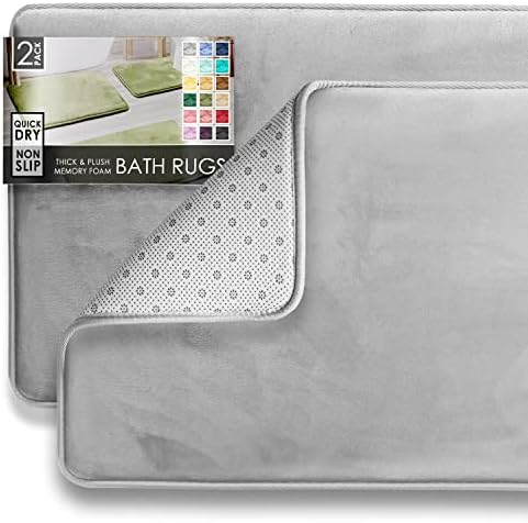 Clara Clark 2 Piece Bathroom Rugs Bath Mat Set, Velvet Memory Foam Bath Mats for Bathroom - Non-Slip, PVC Backing Bath Rugs, Washable - Dries Quickly, Silver by ClaraClark