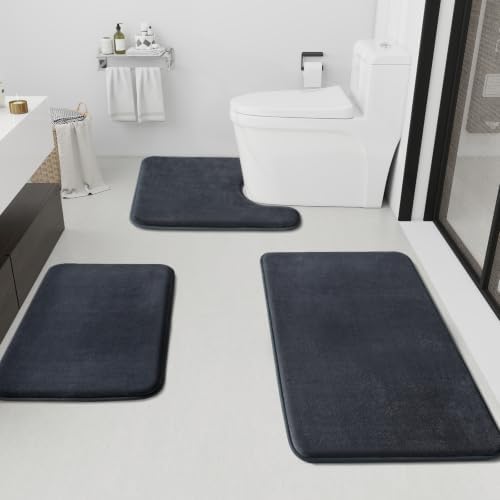 HUXMEYSON Bathroom Rugs Sets 3 Piece, Non-Slip & Quick Dry Bath Mat Set, Ultra Soft Velvet Bath Rugs for Bathroom, Toilet and Shower Floor, Dark Grey by HUXMEYSON