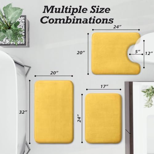 HUXMEYSON Bathroom Rugs Sets 3 Piece, Non-Slip & Quick Dry Bath Mat Set, Ultra Soft Velvet Bath Rugs for Bathroom, Toilet and Shower Floor, Yellow - Image 2