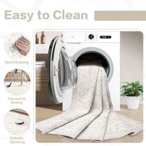 6x9 Area Rugs for Living Room: Washable Rug Vintage Large Rugs Soft Non Slip Low Pile Rug Floral Distressed Floor Carpet for Bedroom Kitchen Nursery Dining Room Home Office (Beige, 6'x9') - Image 5