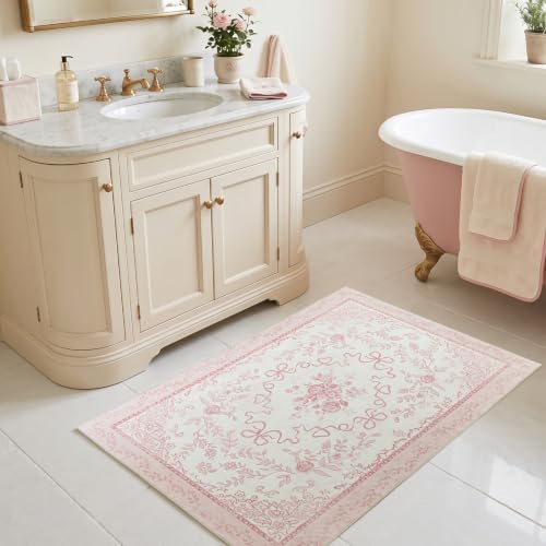 2x3 Small Pink Bow Vintage Floral Bathroom Rugs Washable, Cute Mini Area Rug for Entryway Kitchen Sink Girls Bedroom Bedside Vanity by Unknown
