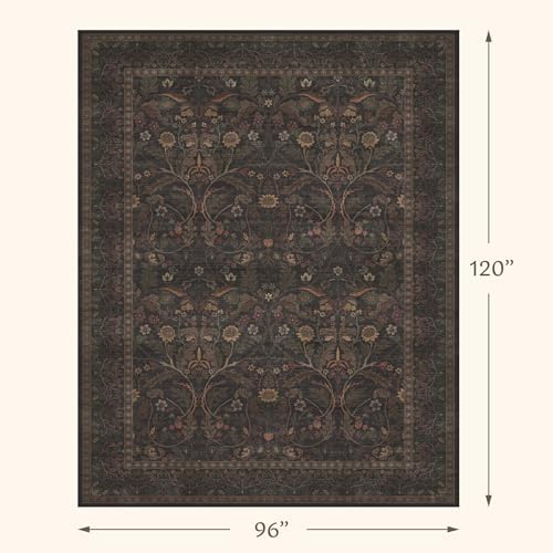 Washable 8x10 Dark Area Rug for Living Room, Black and Brown Halloween Rug for Bedroom Dining Room, Moody Floral Farmhouse Western Style, Large Gold Southwest Non Slip Low Pile Carpet (Dark Brown) - Image 2