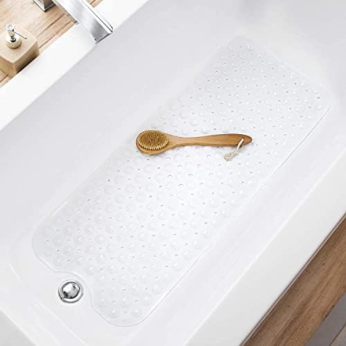 TEESHLY Bath Tub and Shower Mats, Non-Slip 39 x 16 Inch Extra Long Bathtub Mat, Machine Washable BathMat with Drain Holes, Suction Cups for Bathroom (Opaque White) by TEESHLY