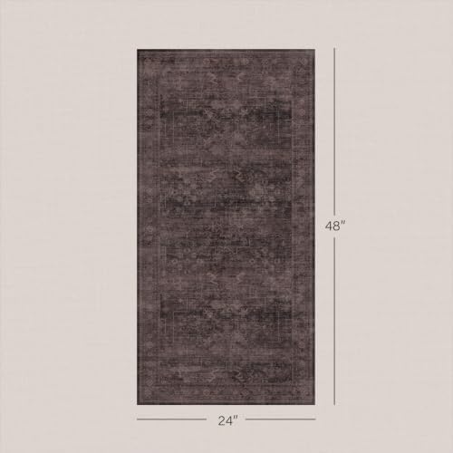 Washable 2x4 Entry Rug for Entryway, Bathroom & Kitchen, Dark Taupe Brown Low Pile Non-Slip Front Door Mat, Vintage Farmhouse Distressed Geometric Accent Rug, Stain Resistant, Easy to Clean - Image 2