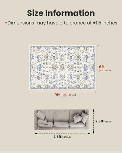 Amada 6x9 Washable Area Rug for Dining Room, Blue/White, Vintage Pattern - Image 2