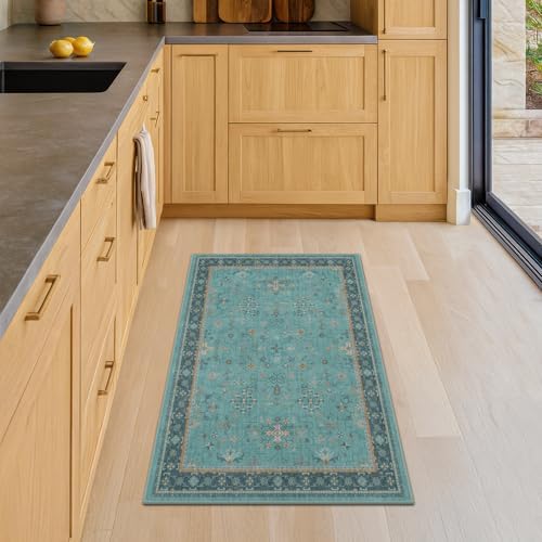 2x3 Washable Teal Rug for Entryway Indoor, Kitchen Floor Waterproof, Bathroom, Powder Room, Non Slip Low Pile Stain & Fade Resistant, Modern Turquoise Aqua Décor - Image 3