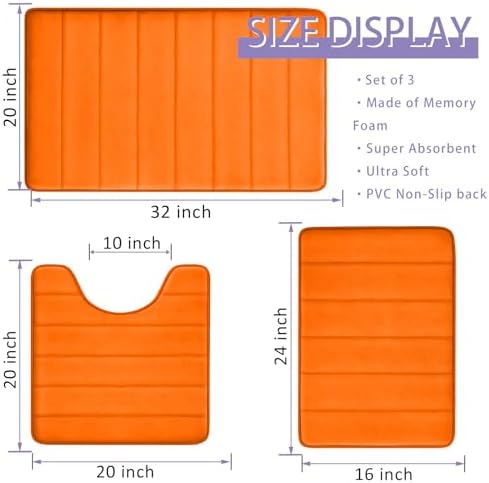 Orange Bathroom Rugs Extra Soft Memory Foam Bath Mat Sets 3 Piece Non Slip Absorbent & Dry Living Mat Sets Washable Bath Carpets with Toilet Rug,Bath Rugs for Bathroom,Tub,Shower,Kitchen,Bedroom - Image 3